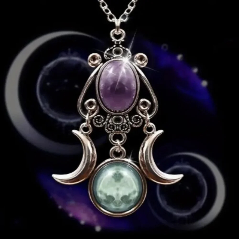 Triple Moon Goddess Pendant Necklace - Elegant Glass Mosaic Jewelry